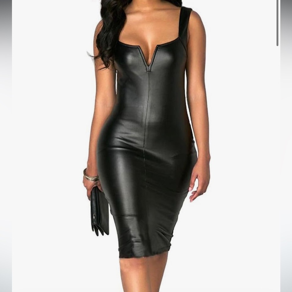 Black bodycon faux leather look stretch dress slit club dance party cocktail - Picture 2 of 4